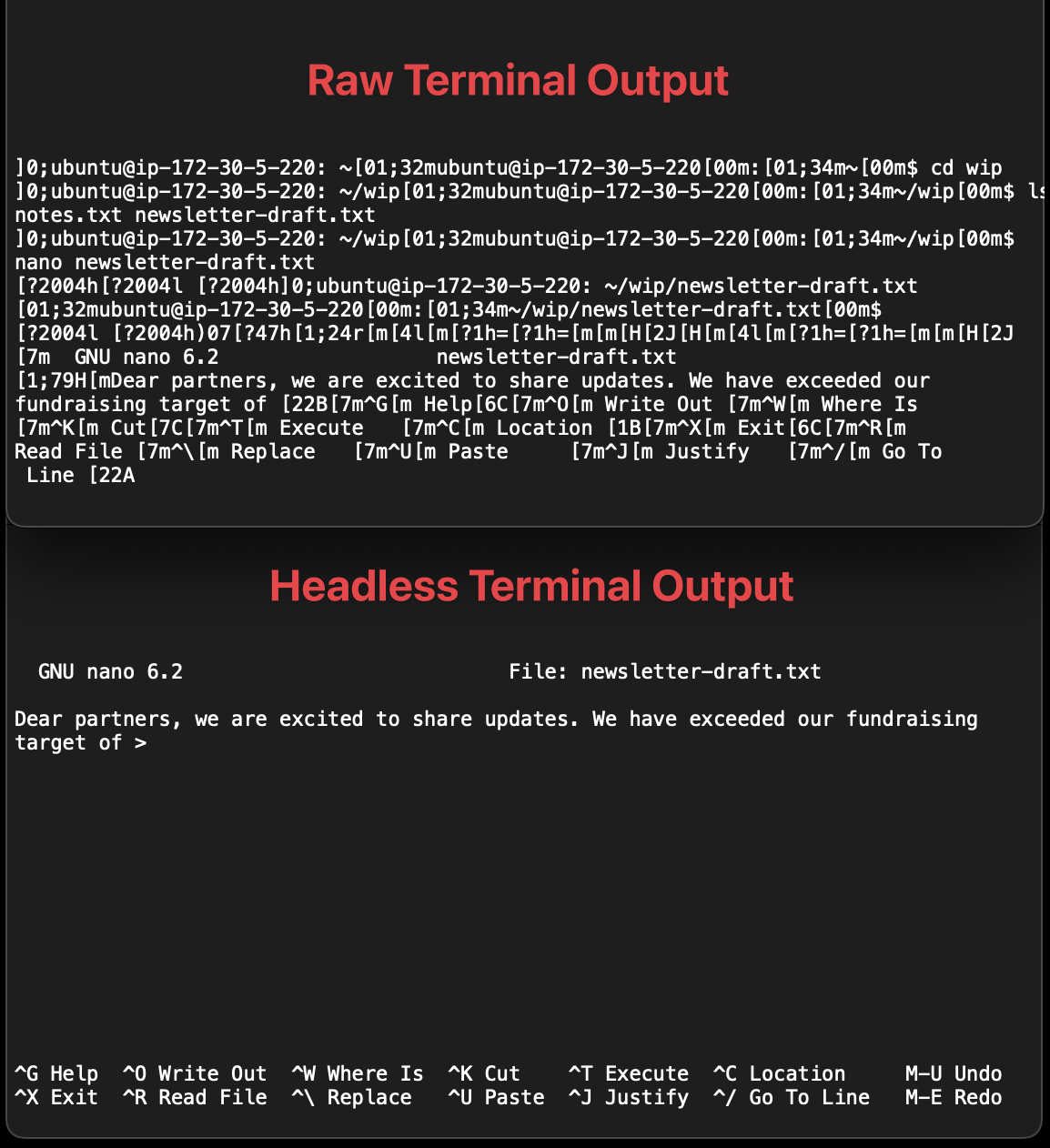 screenshot of raw terminal output vs ht output